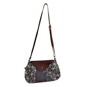 Handcrafted Crossbody Denim & Leather Shoulder Bag With Floral Faux Embroidery P